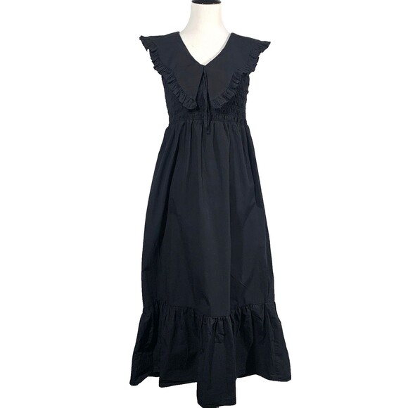 Topshop Dresses & Skirts - Topshop Oversized Collar Shirred Midi Dress in Black Size 10 Ruffle Hem Smocked